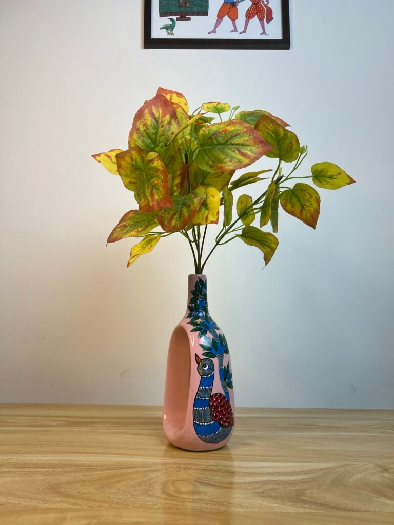 Hand-Painted Gond Art Decorative Vase with Peacock Motif